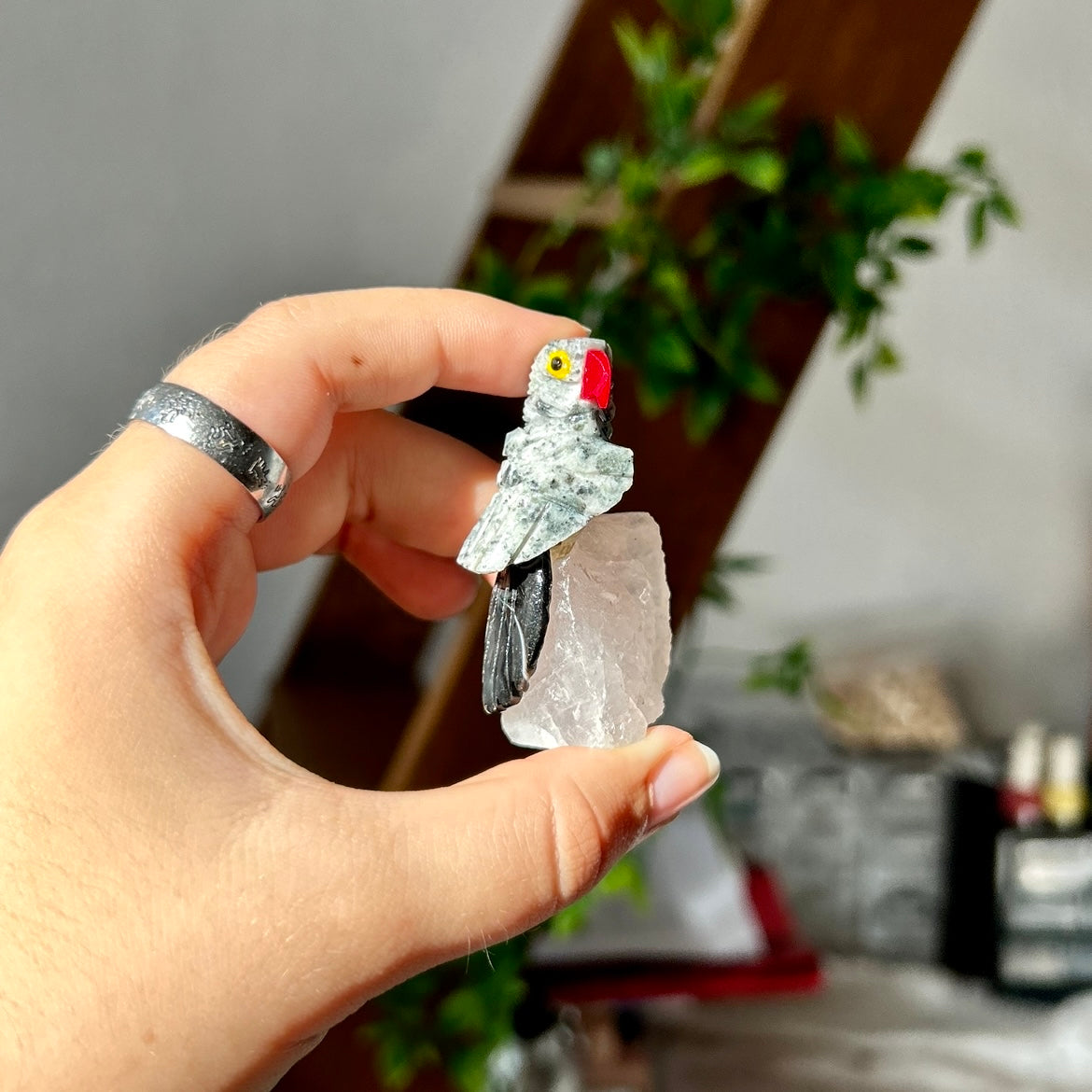 Soapstone Parrot On Clear Quartz